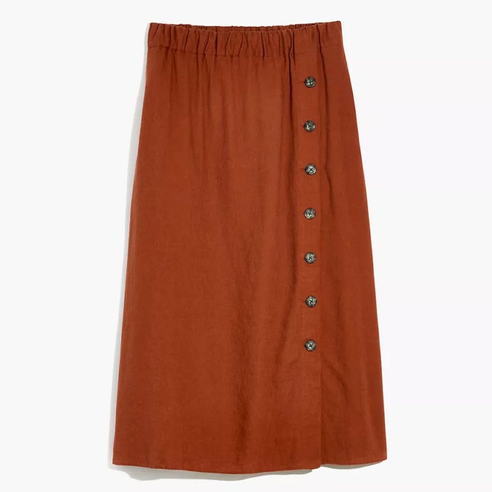 NWT Madewell Linen-Blend Side-Button Midi Skirt Burnt Sienna - M